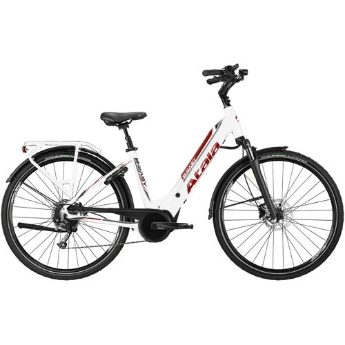 Weißes E-Bike mit Schritt-in-Rahmen und schwarzem Zubehör. Weißes E-Bike mit Schritt-in-Rahmen und schwarzem Zubehör.