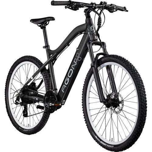 Schwarzes Mountainbike mit Federgabel, stabilem Rahmen und robusten Reifen. Schwarzes Mountainbike mit Federgabel, stabilem Rahmen und robusten Reifen.