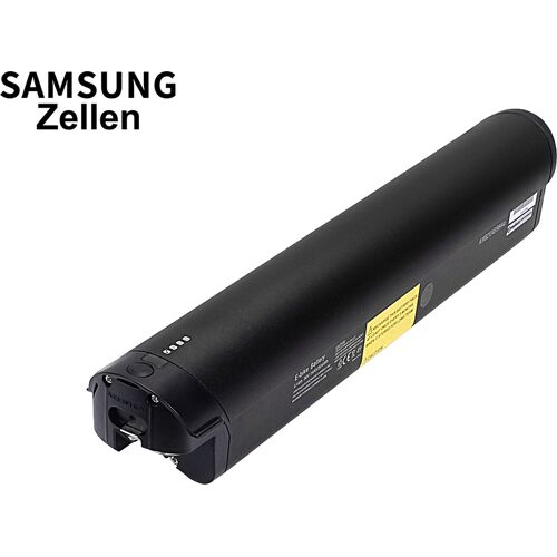 Schwarzer zylindrischer E-Bike-Akku mit Samsung-Zellen und Anschlüssen