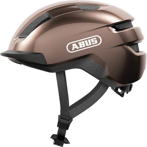 Brauner Abus Fahrradhelm mit Belüftungsschlitzen und Kinnriemen.