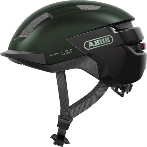 Der dunkelgrüne Fahrradhelm von Abus mit grauen Details und Kinnriemen.