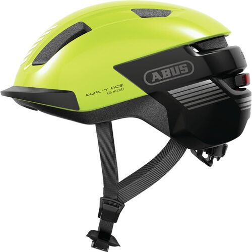 Gelber und schwarzer Fahrradhelm von Abus mit verstellbarem Riemen.