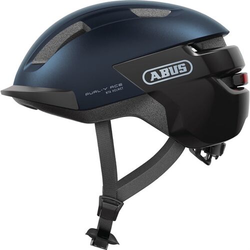 Dunkelblauer Fahrradhelm mit grauem Visier und schwarzem Riemen, seitliche Ansicht.