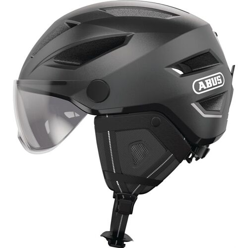 Schwarzer Fahrradhelm von Abus mit integriertem Visier.