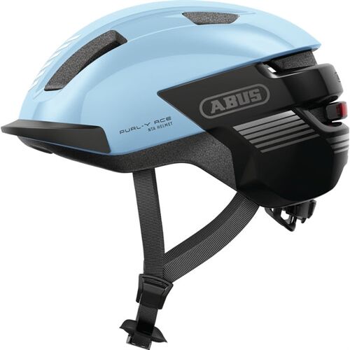 Blauer Fahrradhelm von Abus mit schwarzem Visier und Gurtsystem.
