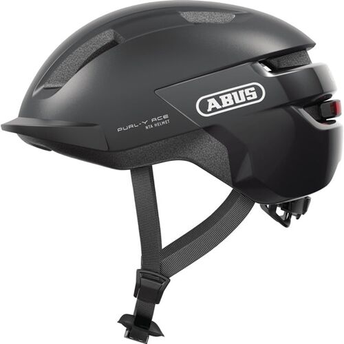 Schwarzer Abus-Fahrradhelm aus der Seitenansicht mit Visier und Belüftungsschlitzen.