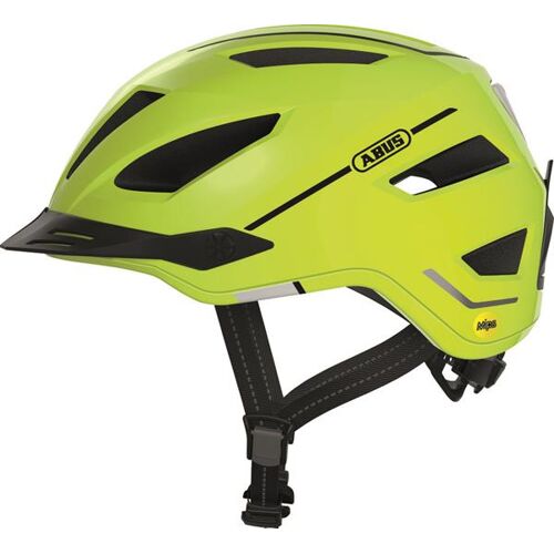 Gelber Fahrradhelm mit schwarzem Visier und Belüftungsschlitzen.