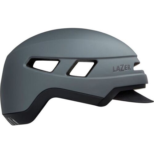 Grauer Lazer Fahrradhelm mit Belüftungsschlitzen und Visier, seitliche Ansicht.