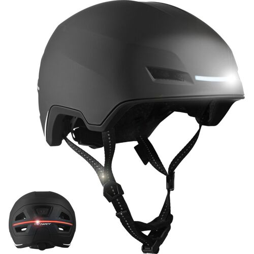 Schwarzer Fahrradhelm mit LED-Lichtern auf Vorder- und Rückseite. Schwarzer Fahrradhelm mit LED-Lichtern auf Vorder- und Rückseite.