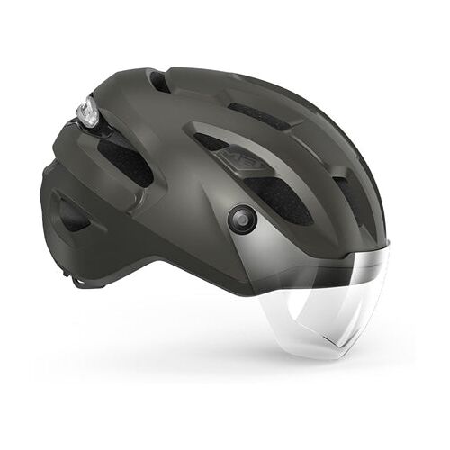 Mattgrüner Fahrradhelm mit Visier und Belüftungsöffnungen.