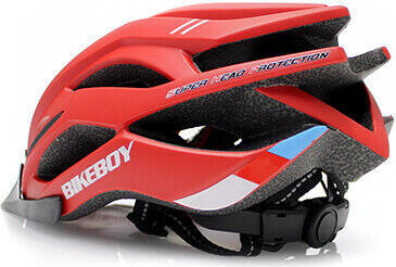 Roter Fahrradhelm mit aerodynamischem Design und mehreren Belüftungsöffnungen. Roter Fahrradhelm mit aerodynamischem Design und mehreren Belüftungsöffnungen.