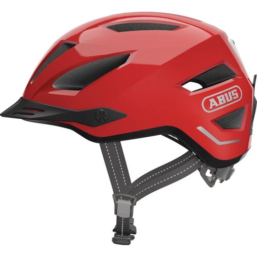 Roter Fahrradhelm mit Lüftungsschlitzen und verstellbarem Kinnriemen.