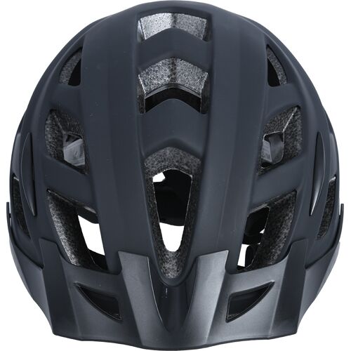 Schwarzer Fahrradhelm mit mehreren Belüftungsöffnungen sichtbar in Frontalansicht. Schwarzer Fahrradhelm mit mehreren Belüftungsöffnungen sichtbar in Frontalansicht.