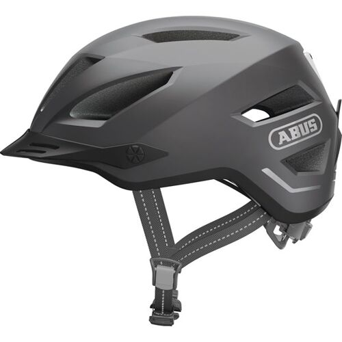 Grauer Fahrradhelm mit Belüftungsschlitzen und verstellbarem Verschluss.