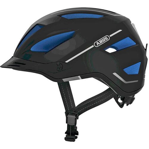 Schwarzer Fahrradhelm mit blauen Ventilationsöffnungen und Kinnriemen. Schwarzer Fahrradhelm mit blauen Ventilationsöffnungen und Kinnriemen.