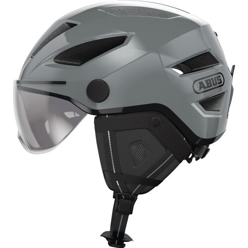 Grauer Fahrradhelm mit integriertem Visier und Belüftungsöffnungen.