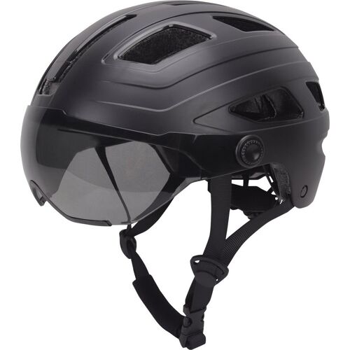 Schwarzer Fahrradhelm mit Visier und Belüftungsschlitzen. Schwarzer Fahrradhelm mit Visier und Belüftungsschlitzen.
