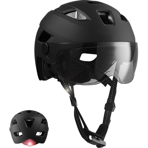 Schwarzer Fahrradhelm mit Visier und integriertem Rücklicht. Schwarzer Fahrradhelm mit Visier und integriertem Rücklicht.