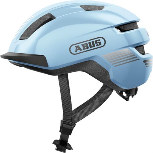Blauer Fahrradhelm der Marke Abus mit Lüftungsschlitzen und verstellbarem Kinnriemen.