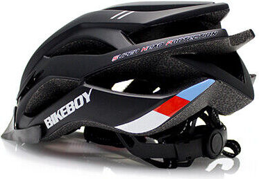 Schwarzer Fahrradhelm mit bunten Details und Belüftungsöffnungen.