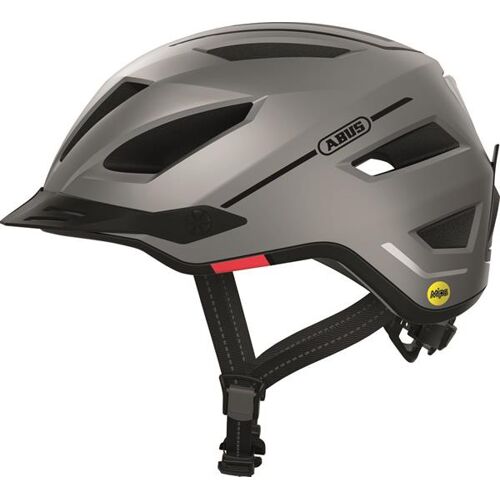 Grauer Fahrradhelm mit schwarzen Belüftungsöffnungen und MIPS-Technologie.