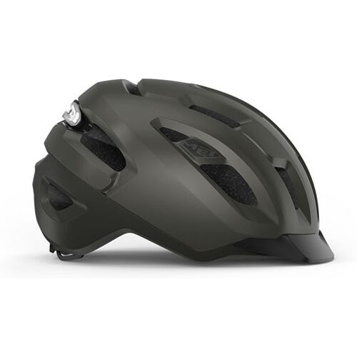 Dunkelgrüner Fahrradhelm mit aerodynamischem Design und Belüftungsschlitzen seitlich.