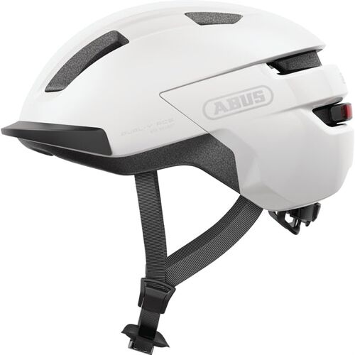 Weißer Fahrradhelm mit grauen und schwarzen Details seitlich gezeigt.