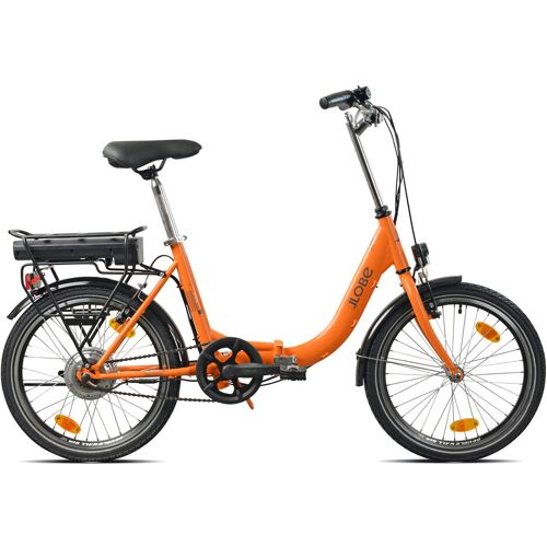 Orangefarbenes Klapprad mit Elektromotor und Gepäckträger, seitliche Ansicht.
