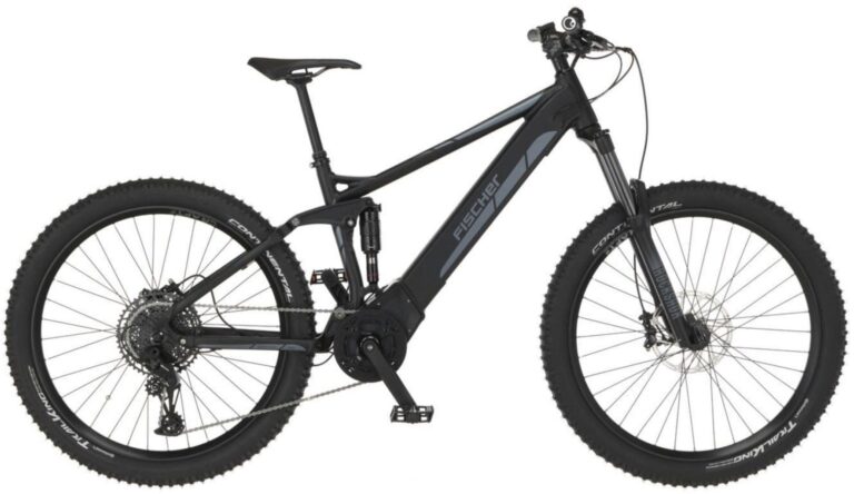 Schwarzes E-Mountainbike mit dicken Reifen und robuster Rahmenkonstruktion. Schwarzes E-Mountainbike mit dicken Reifen und robuster Rahmenkonstruktion.