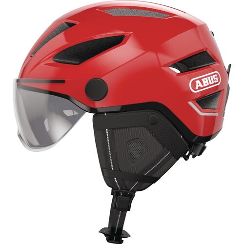 Roter Schutzhelm mit Visier und schwarzem Kinnriemen, seitlich betrachtet.