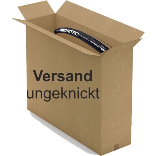 Geöffneter Karton mit einem Reifen und dem Aufdruck „Versand ungeknickt“. Geöffneter Karton mit einem Reifen und dem Aufdruck