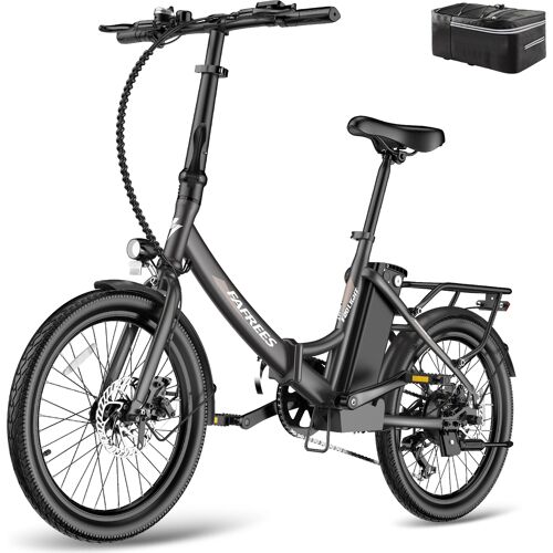 Schwarzes faltbares E-Bike mit Lithium-Ionen-Akku und Gepäckträger vor weißem Hintergrund. Schwarzes faltbares E-Bike mit Lithium-Ionen-Akku und Gepäckträger vor weißem Hintergrund.