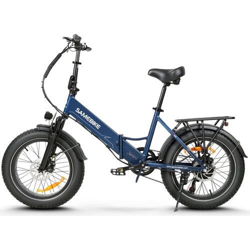 Klapprad E-Bike in blauer Farbe mit dickeren Reifen und Gepäckträger. Klapprad E-Bike in blauer Farbe mit dickeren Reifen und Gepäckträger.