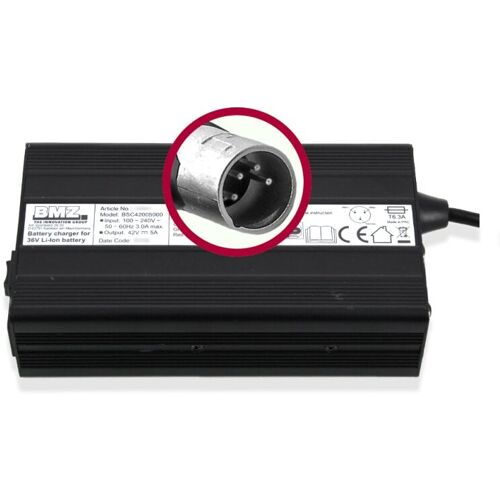 Schwarzes Ladegerät für 36V Lithium-Ionen-Batterien mit Detailansicht des Steckers.