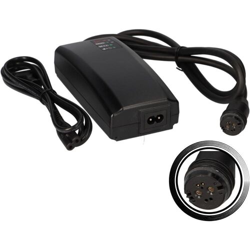 Schwarzes Ladegerät mit zwei Kabeln und einem mehrpoligen Stecker.