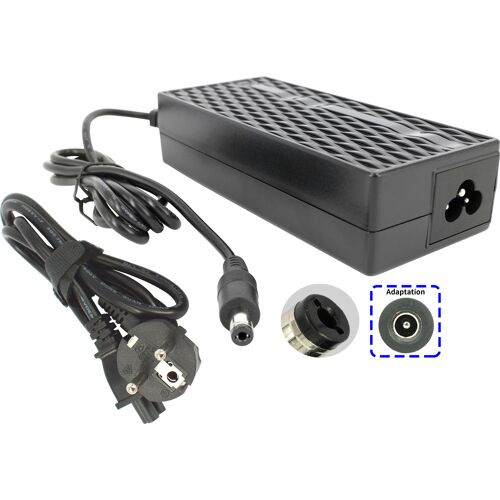 Schwarzes Laptop-Ladegerät mit Kabeln und Adapter auf weißem Hintergrund.