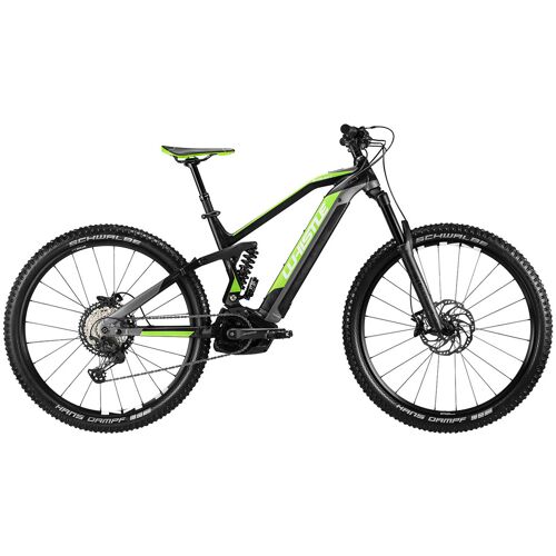 Schwarzes und grünes E-Mountainbike mit Vollfederung und dicken Reifen. Schwarzes und grünes E-Mountainbike mit Vollfederung und dicken Reifen.