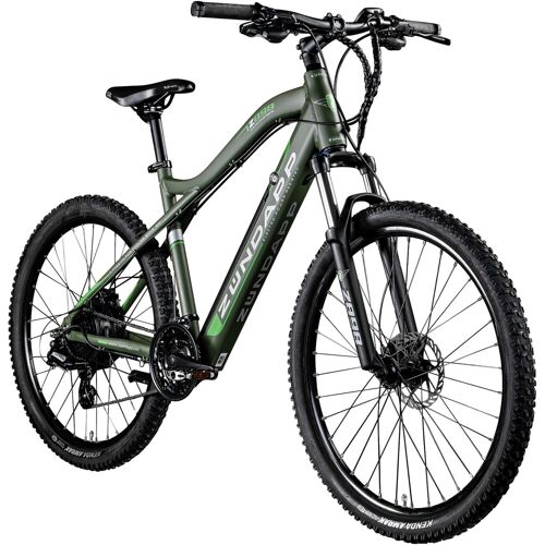 Grünes Zündapp E-Mountainbike auf weißem Hintergrund, seitlich betrachtet.