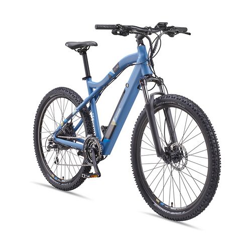 Blaues Mountainbike mit breiten Reifen und stabiler Rahmenkonstruktion.