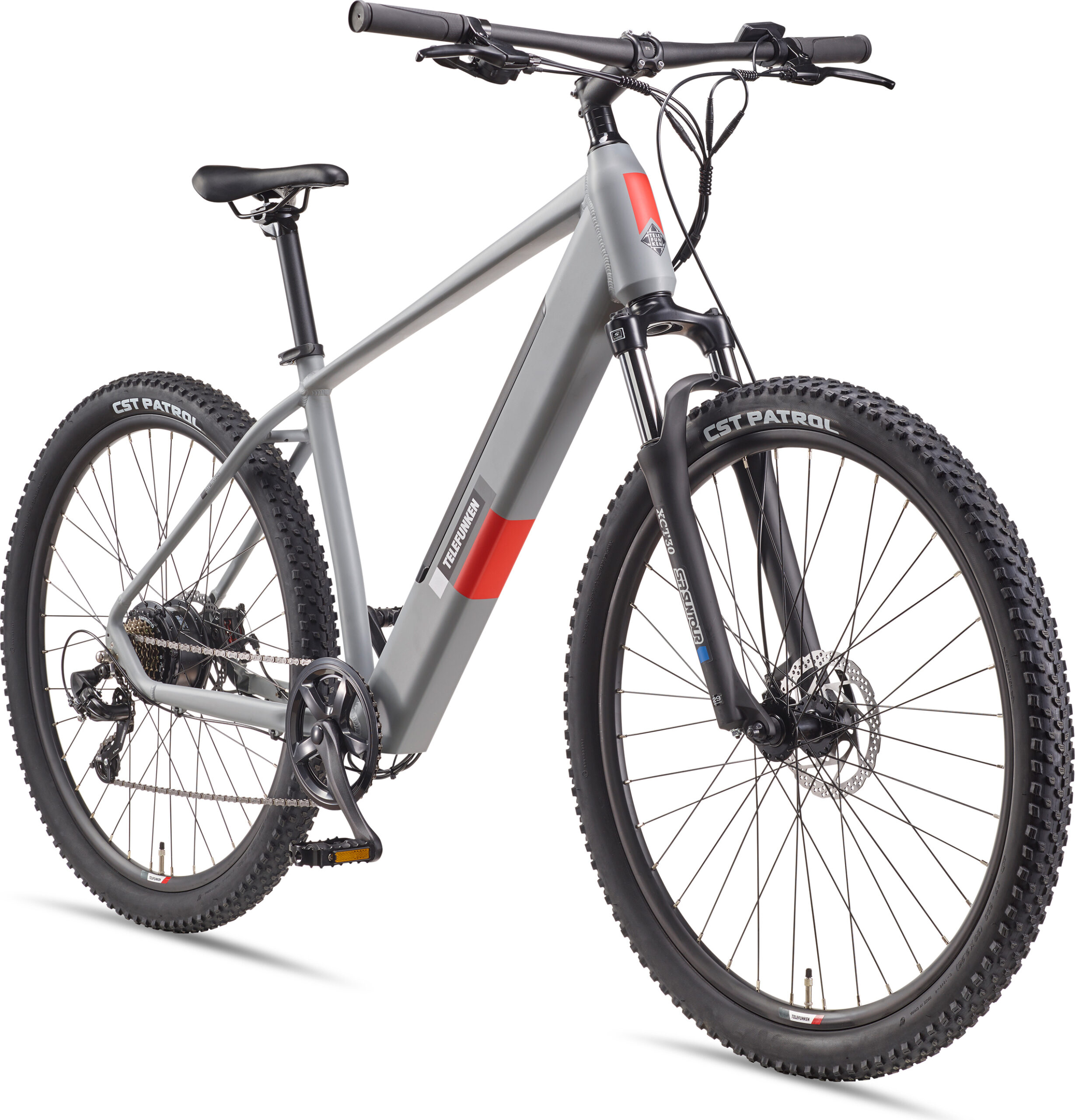 Graues E-Mountainbike mit breiten Reifen und robustem Rahmen auf weißem Hintergrund.