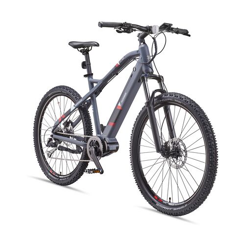 Mountainbike in Grau, seitliche Ansicht, auf weißem Hintergrund.