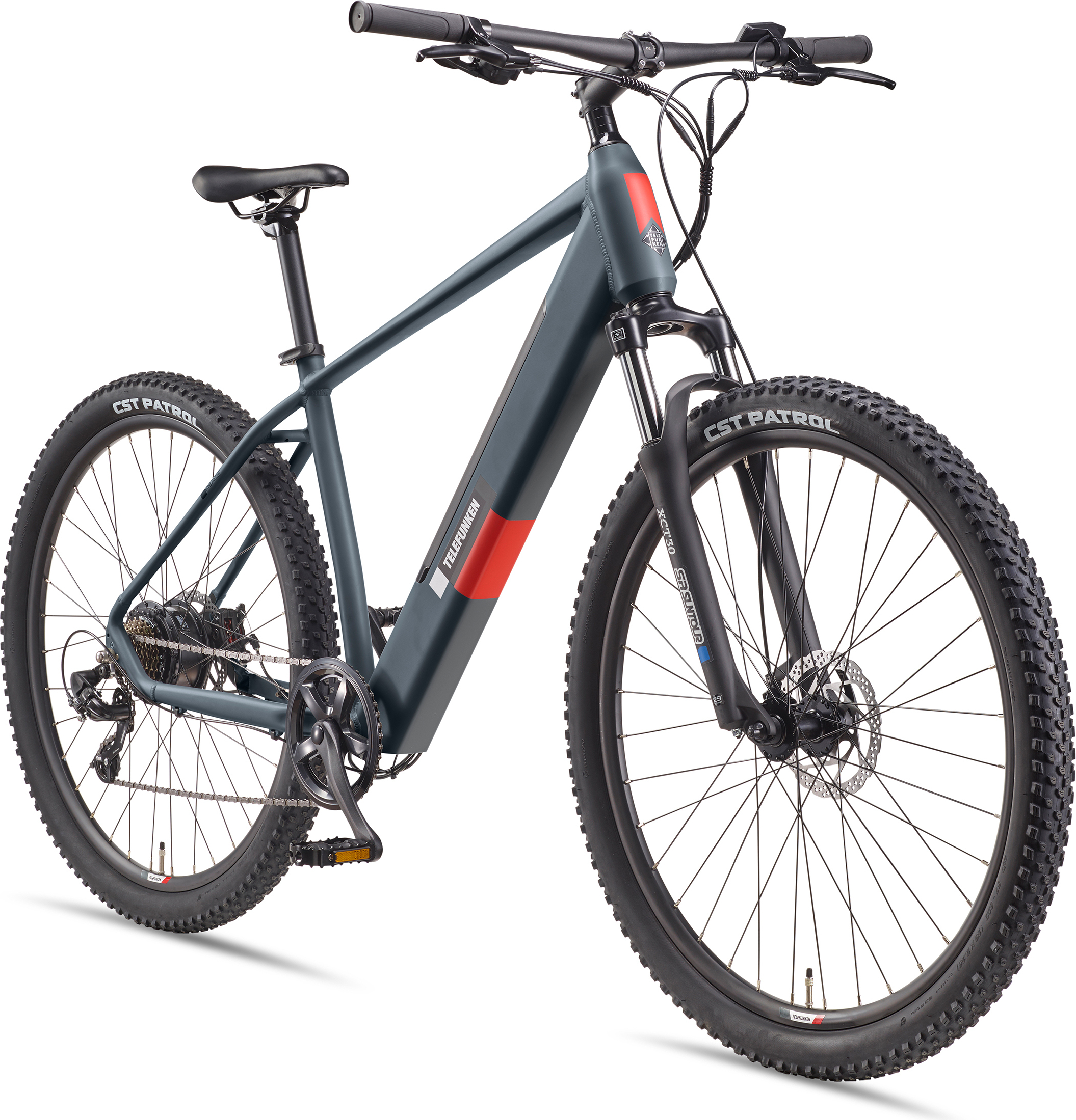 Dunkelgrünes Mountainbike mit dicken Reifen und Scheibenbremsen auf weißem Hintergrund.
