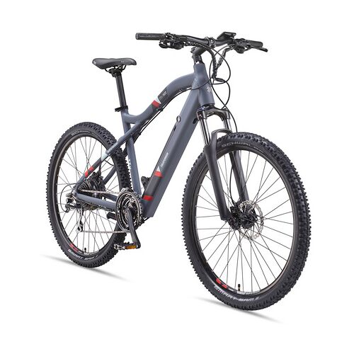 Blaues Mountainbike mit robustem Rahmen und dicken Reifen auf weißem Hintergrund.