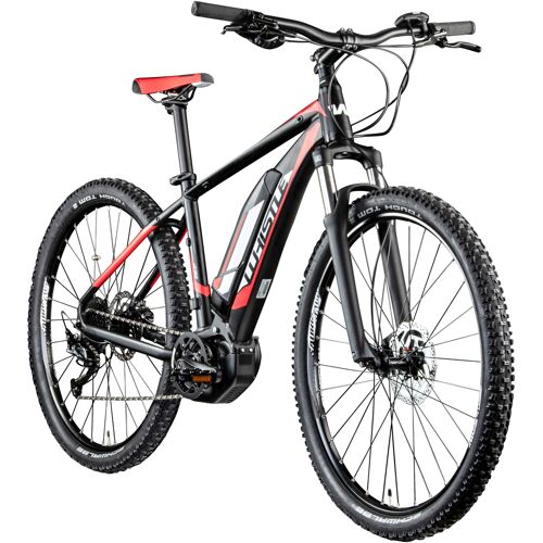 Schwarzes und rotes Mountainbike mit Scheibenbremsen und robustem Rahmen auf weißem Hintergrund.