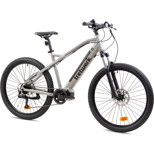 Graues Mountainbike mit dicken Reifen und Scheibenbremsen auf weißem Hintergrund.