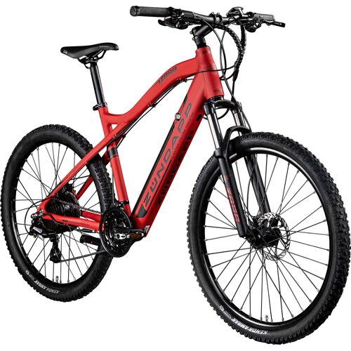 Rotes Zündapp Mountainbike mit Elektrofunktion, frontal seitlich abgebildet.