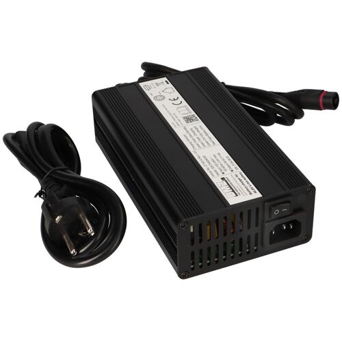 Schwarzes Netzteil mit Kabel und Steckverbindung in Vorderansicht.