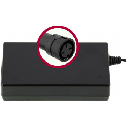 Schwarzes Netzteil mit rundem Stecker, Detailansicht des Steckers.