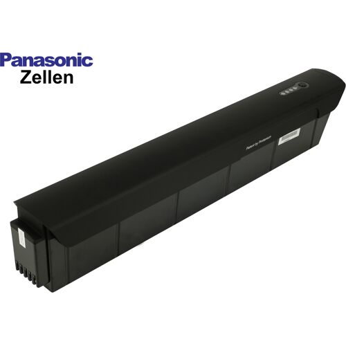 Schwarzer E-Bike-Akku mit Panasonic-Logo auf weißem Hintergrund.