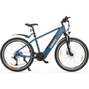 Blaues E-Bike mit robustem Rahmen und dicken Reifen.